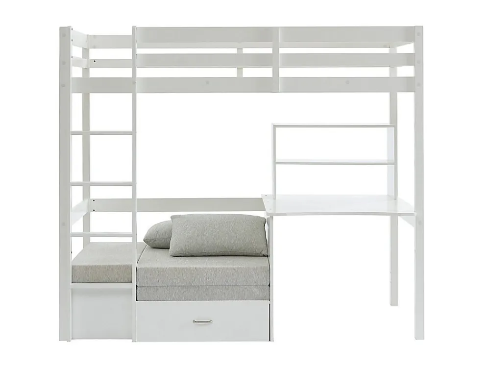 Lit mezzanine 90 x 200 cm avec bureau, sofa convertible et rangements - Pin massif - Blanchi + Matelas - GOLIATH III>Vente-unique