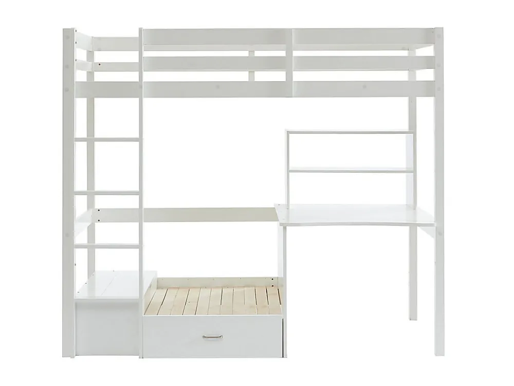 Lit mezzanine 90 x 200 cm avec bureau, sofa convertible et rangements - Pin massif - Blanchi + Matelas - GOLIATH III>Vente-unique