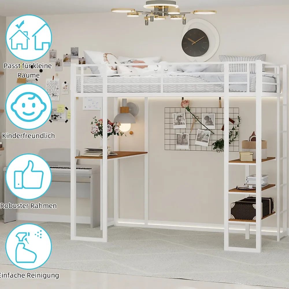 Okwish Lit Mezzanine Ado 90x190 cm - avec Bureau et Échelle Montable Gauche Droite, Garde-Corps, Structure en Métal, sans Matelas, Blanc* Lit Mezzanine