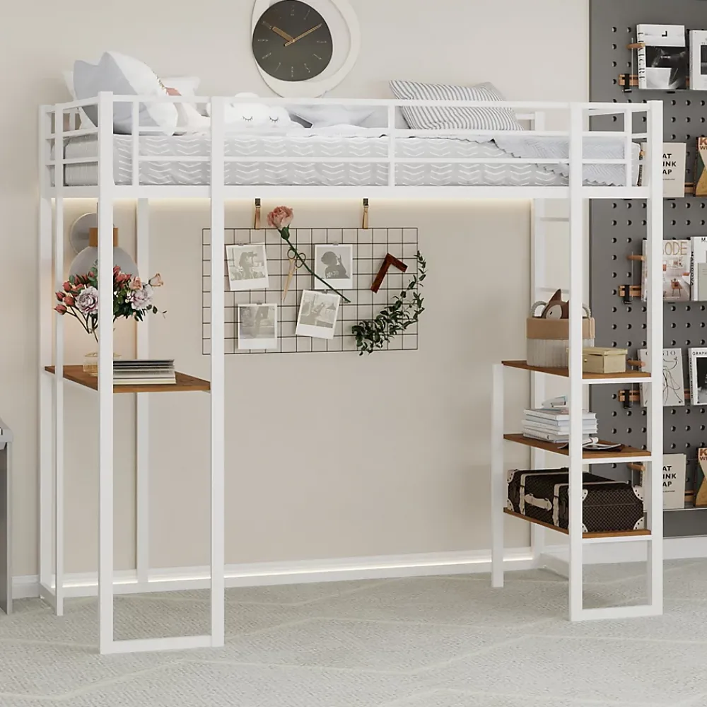Okwish Lit Mezzanine Ado 90x190 cm - avec Bureau et Échelle Montable Gauche Droite, Garde-Corps, Structure en Métal, sans Matelas, Blanc* Lit Mezzanine