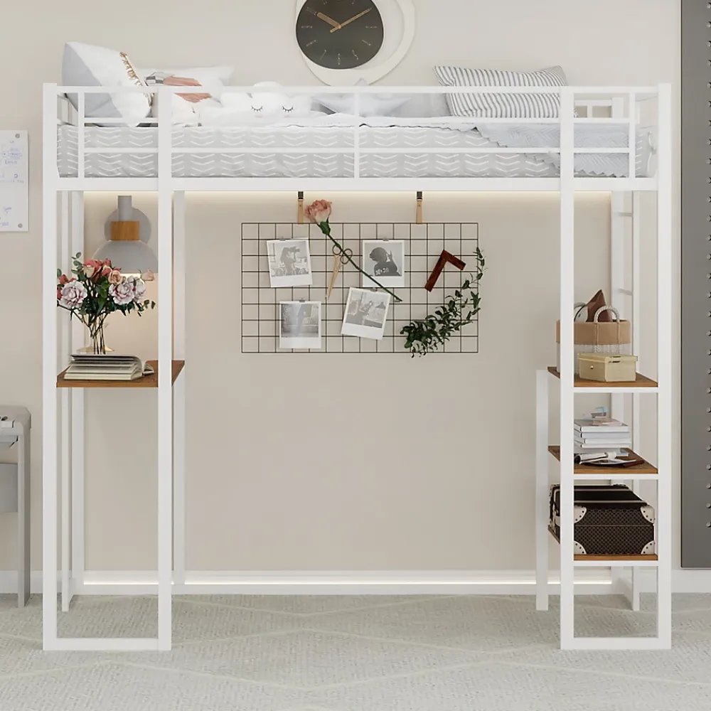 Okwish Lit Mezzanine Ado 90x190 cm - avec Bureau et Échelle Montable Gauche Droite, Garde-Corps, Structure en Métal, sans Matelas, Blanc* Lit Mezzanine