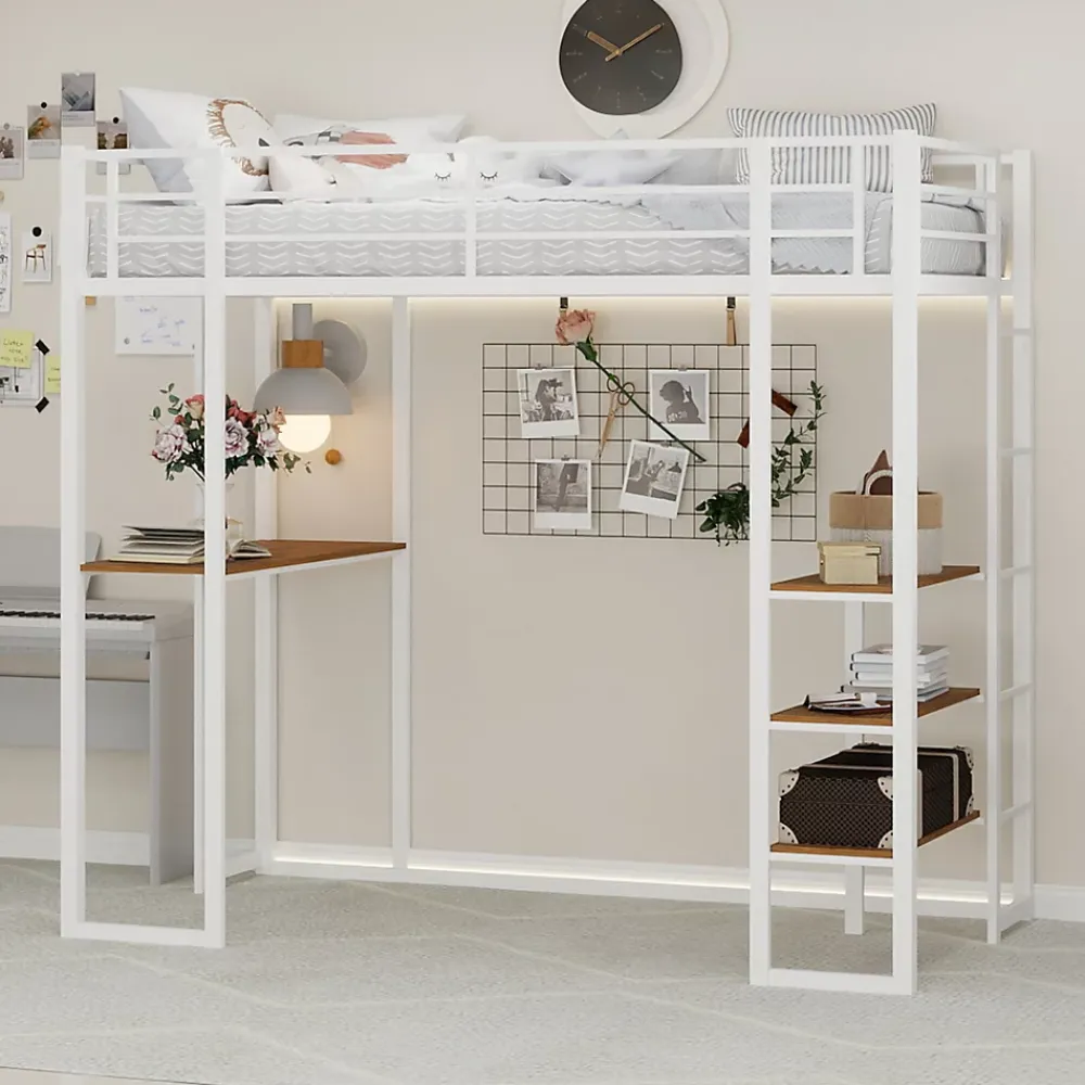 Okwish Lit Mezzanine Ado 90x190 cm - avec Bureau et Échelle Montable Gauche Droite, Garde-Corps, Structure en Métal, sans Matelas, Blanc* Lit Mezzanine