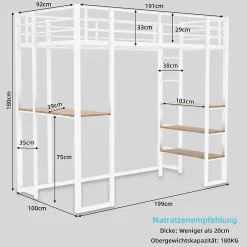Okwish Lit Mezzanine Ado 90x190 cm - avec Bureau et Échelle Montable Gauche Droite, Garde-Corps, Structure en Métal, sans Matelas, Blanc* Lit Mezzanine