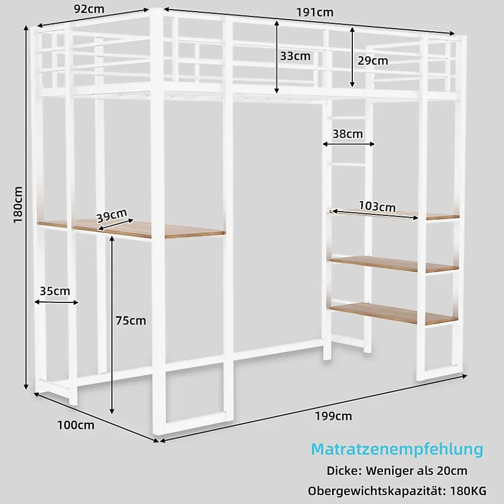 Okwish Lit Mezzanine Ado 90x190 cm - avec Bureau et Échelle Montable Gauche Droite, Garde-Corps, Structure en Métal, sans Matelas, Blanc* Lit Mezzanine