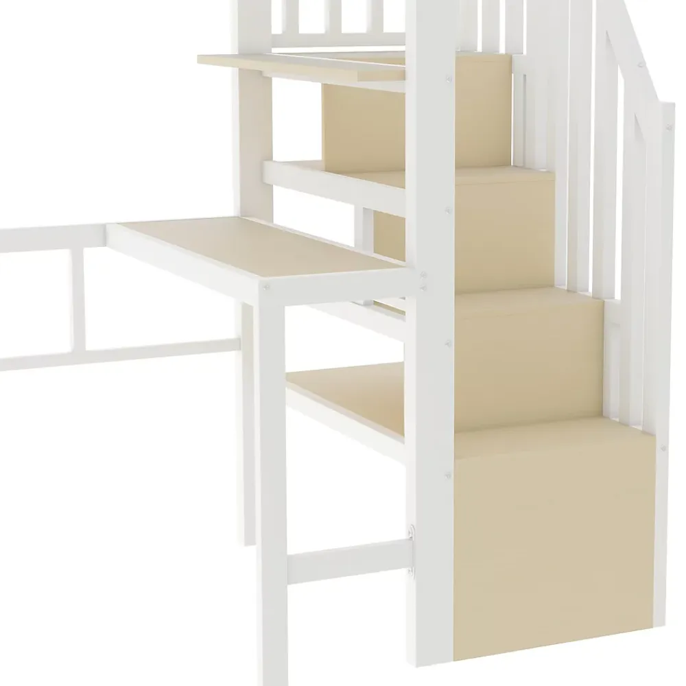 Okwish Lit Mezzanine Ado 90x200 cm - avec LED Intégrée, Bureau et Compartiment de Rangement - Escalier de Rangement - Métal + MDF - Blanc* Lit Mezzanine