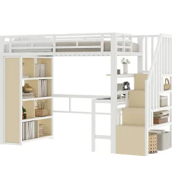 Okwish Lit Mezzanine Ado 90x200 cm - avec LED Intégrée, Bureau et Compartiment de Rangement - Escalier de Rangement - Métal + MDF - Blanc* Lit Mezzanine
