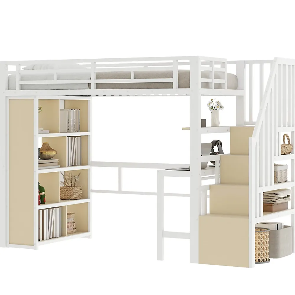 Okwish Lit Mezzanine Ado 90x200 cm - avec LED Intégrée, Bureau et Compartiment de Rangement - Escalier de Rangement - Métal + MDF - Blanc* Lit Mezzanine