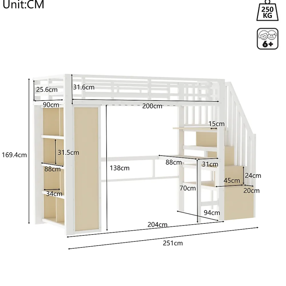 Okwish Lit Mezzanine Ado 90x200 cm - avec LED Intégrée, Bureau et Compartiment de Rangement - Escalier de Rangement - Métal + MDF - Blanc* Lit Mezzanine