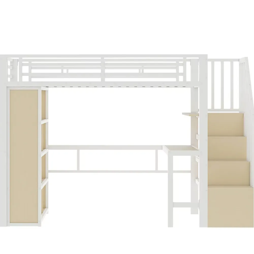 Okwish Lit Mezzanine Ado 90x200 cm - avec LED Intégrée, Bureau et Compartiment de Rangement - Escalier de Rangement - Métal + MDF - Blanc* Lit Mezzanine