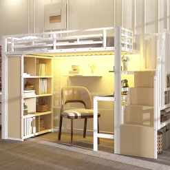 Okwish Lit Mezzanine Ado 90x200 cm - avec LED Intégrée, Bureau et Compartiment de Rangement - Escalier de Rangement - Métal + MDF - Blanc* Lit Mezzanine
