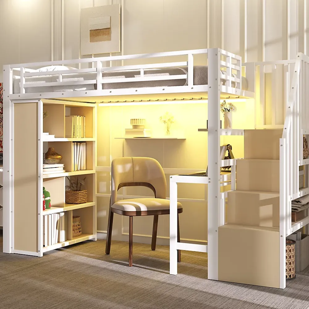 Okwish Lit Mezzanine Ado 90x200 cm - avec LED Intégrée, Bureau et Compartiment de Rangement - Escalier de Rangement - Métal + MDF - Blanc* Lit Mezzanine