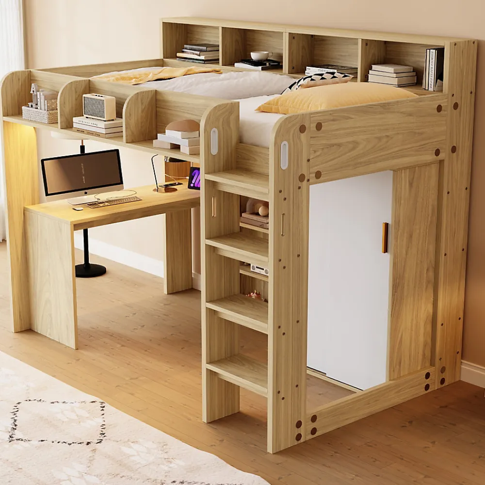 Lit Mezzanine Ado 90x200 cm - Bureau et Armoire Intégrés, LED et Prise Électrique - Sommier Inclus - Sans Matelas - Bois Naturel>Okwish Discount