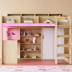 Lit Mezzanine Ado 90x200 cm - Bureau et Armoire Intégrés, LED et Prise Électrique - Sommier Inclus - Sans Matelas - Bois Naturel><noscript><img width=