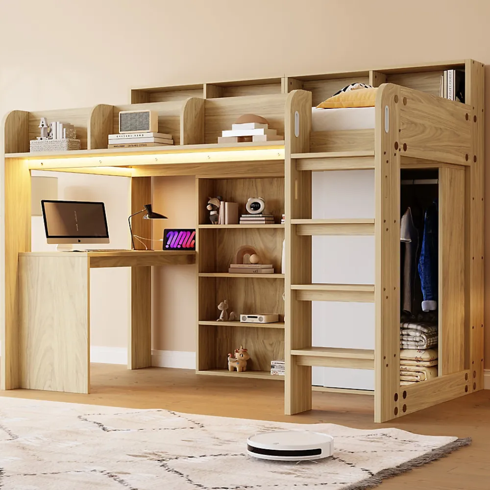 Lit Mezzanine Ado 90x200 cm - Bureau et Armoire Intégrés, LED et Prise Électrique - Sommier Inclus - Sans Matelas - Bois Naturel>Okwish Discount