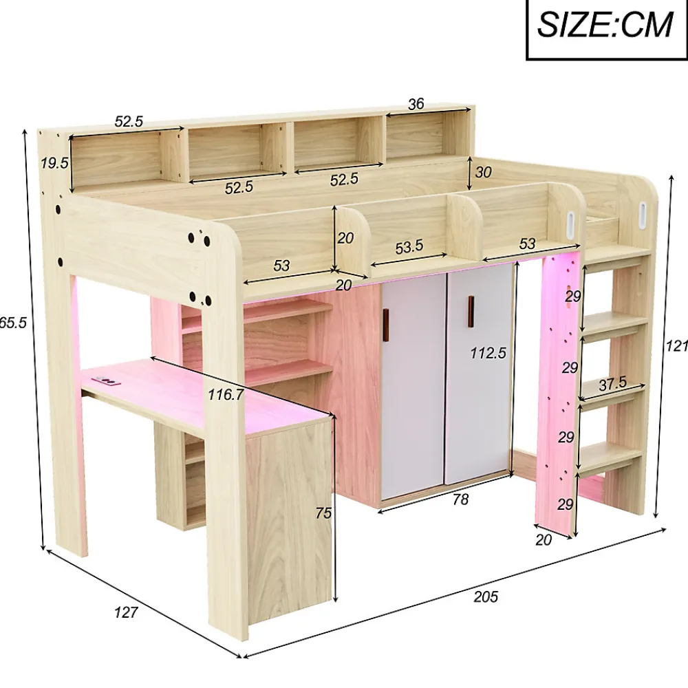 Lit Mezzanine Ado 90x200 cm - Bureau et Armoire Intégrés, LED et Prise Électrique - Sommier Inclus - Sans Matelas - Bois Naturel>Okwish Discount