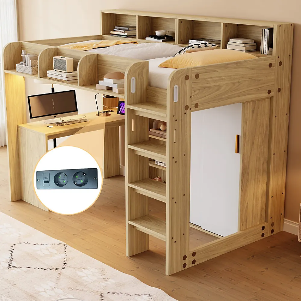 Lit Mezzanine Ado 90x200 cm - Bureau et Armoire Intégrés, LED et Prise Électrique - Sommier Inclus - Sans Matelas - Bois Naturel>Okwish Discount