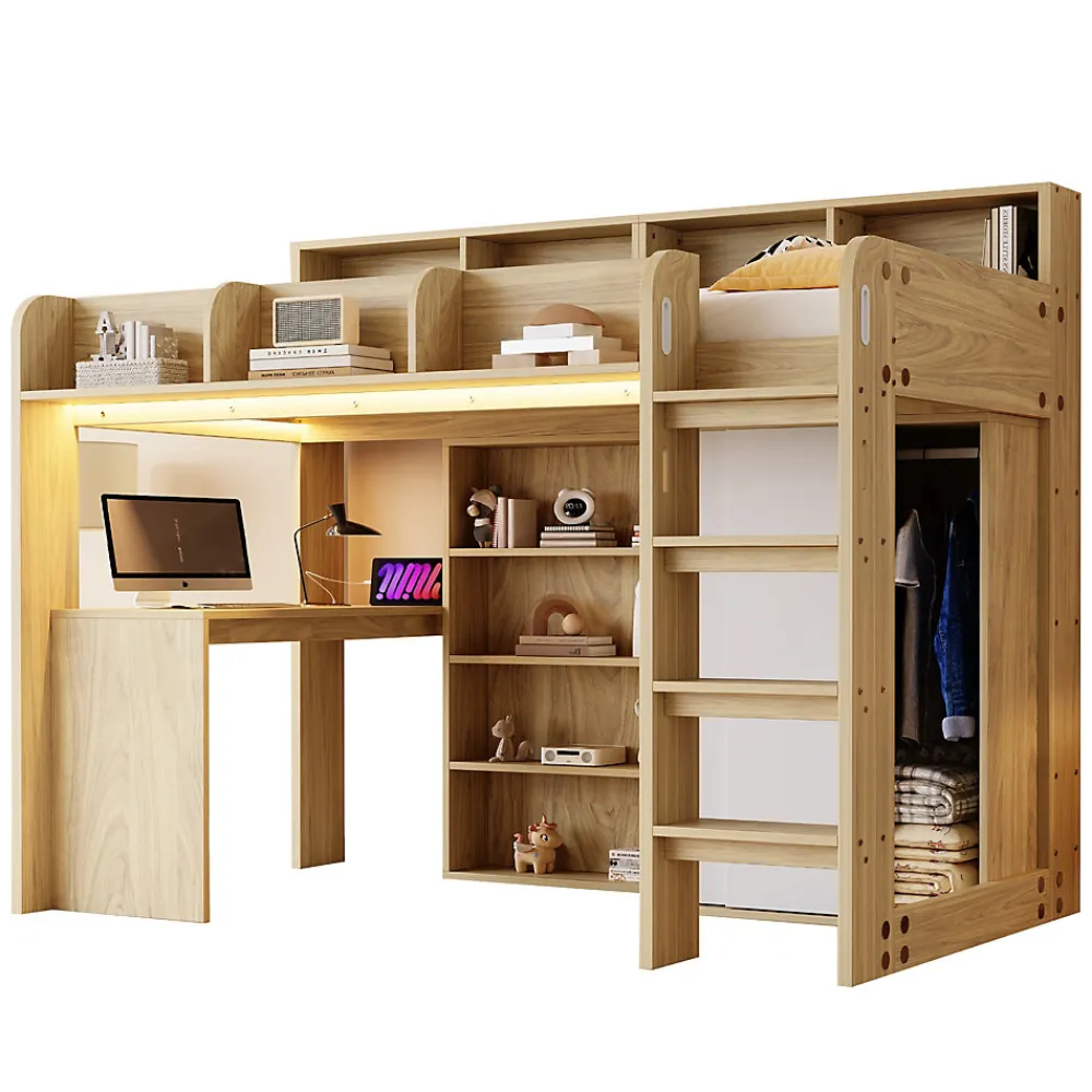 Lit Mezzanine Ado 90x200 cm - Bureau et Armoire Intégrés, LED et Prise Électrique - Sommier Inclus - Sans Matelas - Bois Naturel>Okwish Discount