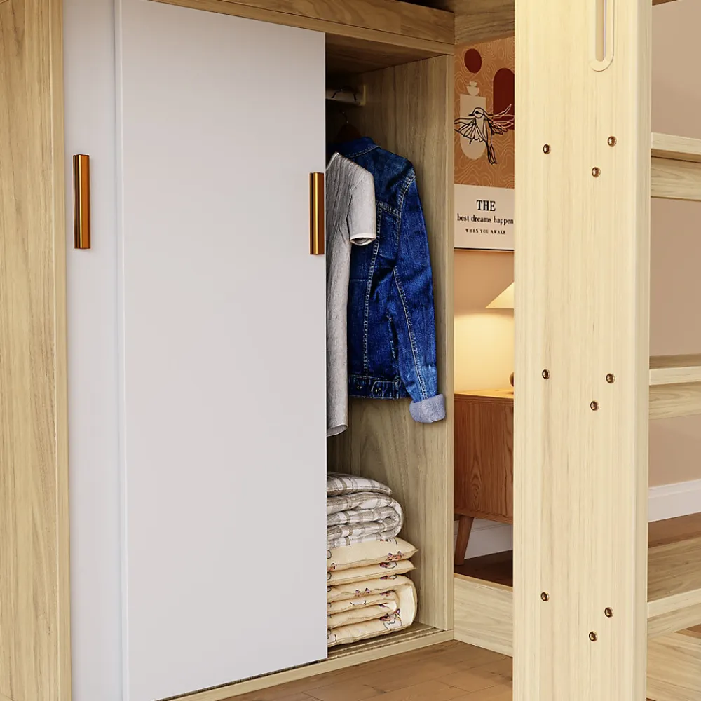 Lit Mezzanine Ado 90x200 cm - Bureau et Armoire Intégrés, LED et Prise Électrique - Sommier Inclus - Sans Matelas - Bois Naturel>Okwish Discount