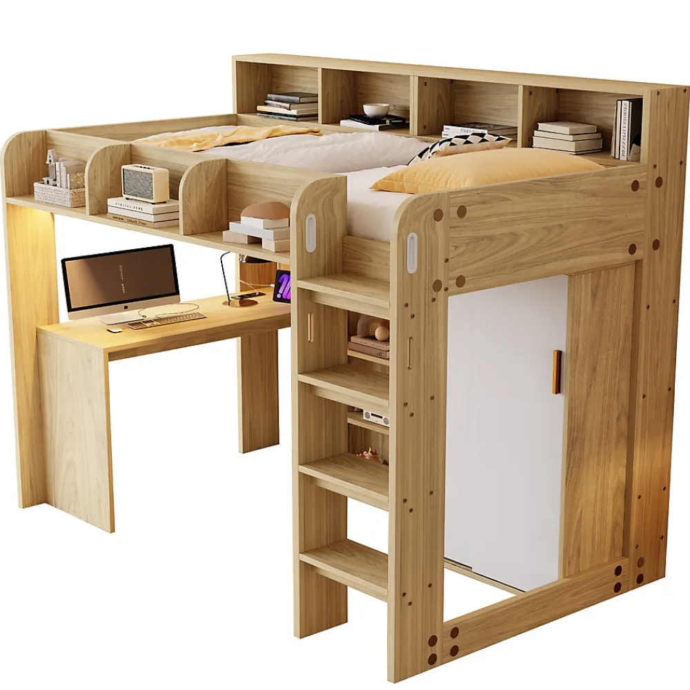 Lit Mezzanine Ado 90x200 cm - Bureau et Armoire Intégrés, LED et Prise Électrique - Sommier Inclus - Sans Matelas - Bois Naturel>Okwish Discount