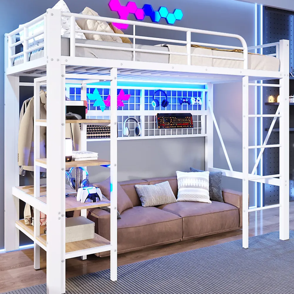 Lit Mezzanine Ado 90x200 cm - LED Intégrée, Étagères et Rangements avec Portant Vêtements, Structure Métal/MDF, Blanc>Okwish Discount