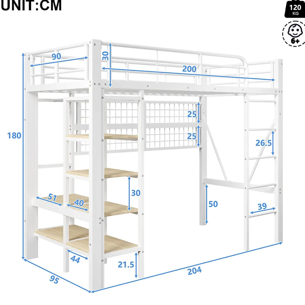 Lit Mezzanine Ado 90x200 cm - LED Intégrée, Étagères et Rangements avec Portant Vêtements, Structure Métal/MDF, Blanc>Okwish Discount