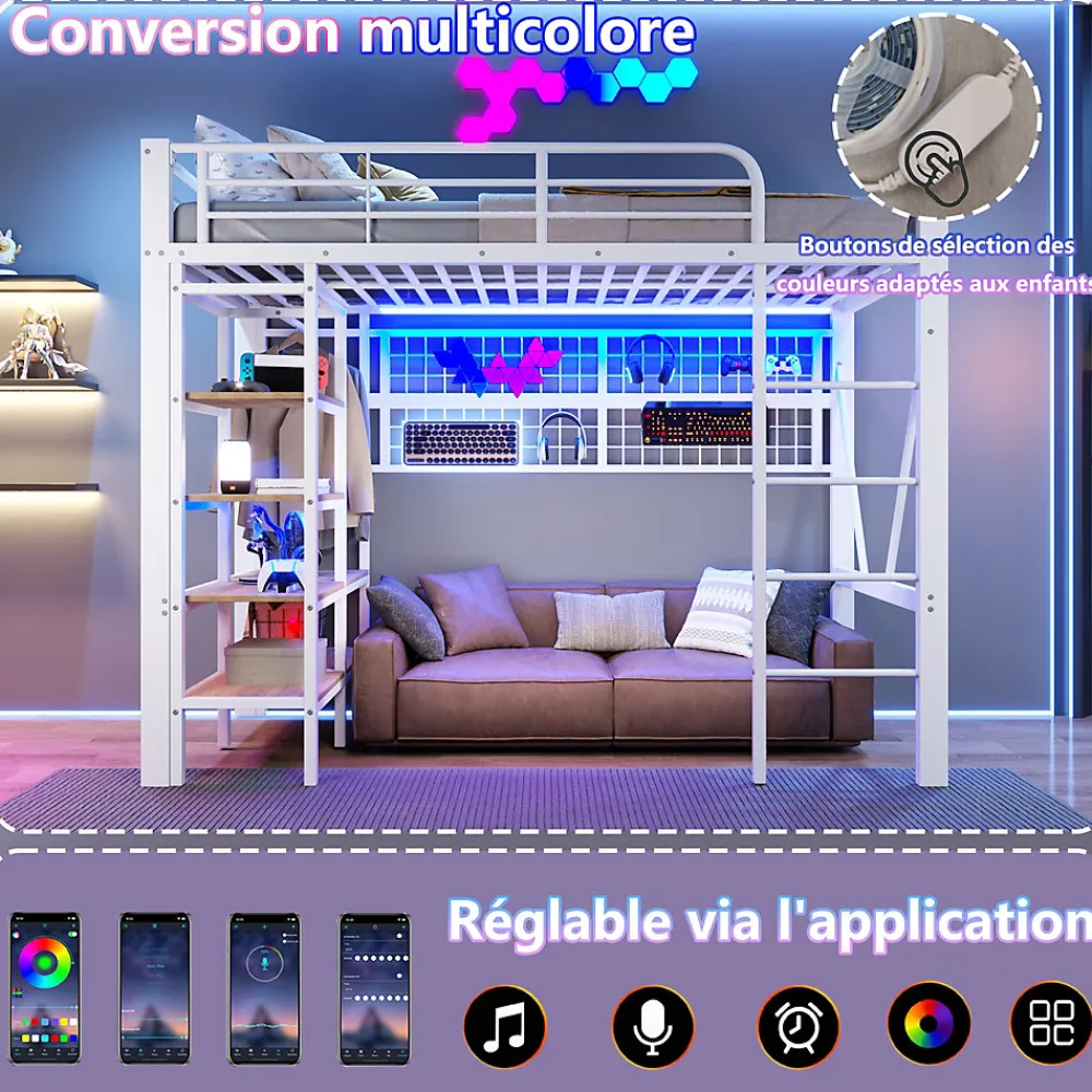 Lit Mezzanine Ado 90x200 cm - LED Intégrée, Étagères et Rangements avec Portant Vêtements, Structure Métal/MDF, Blanc>Okwish Discount