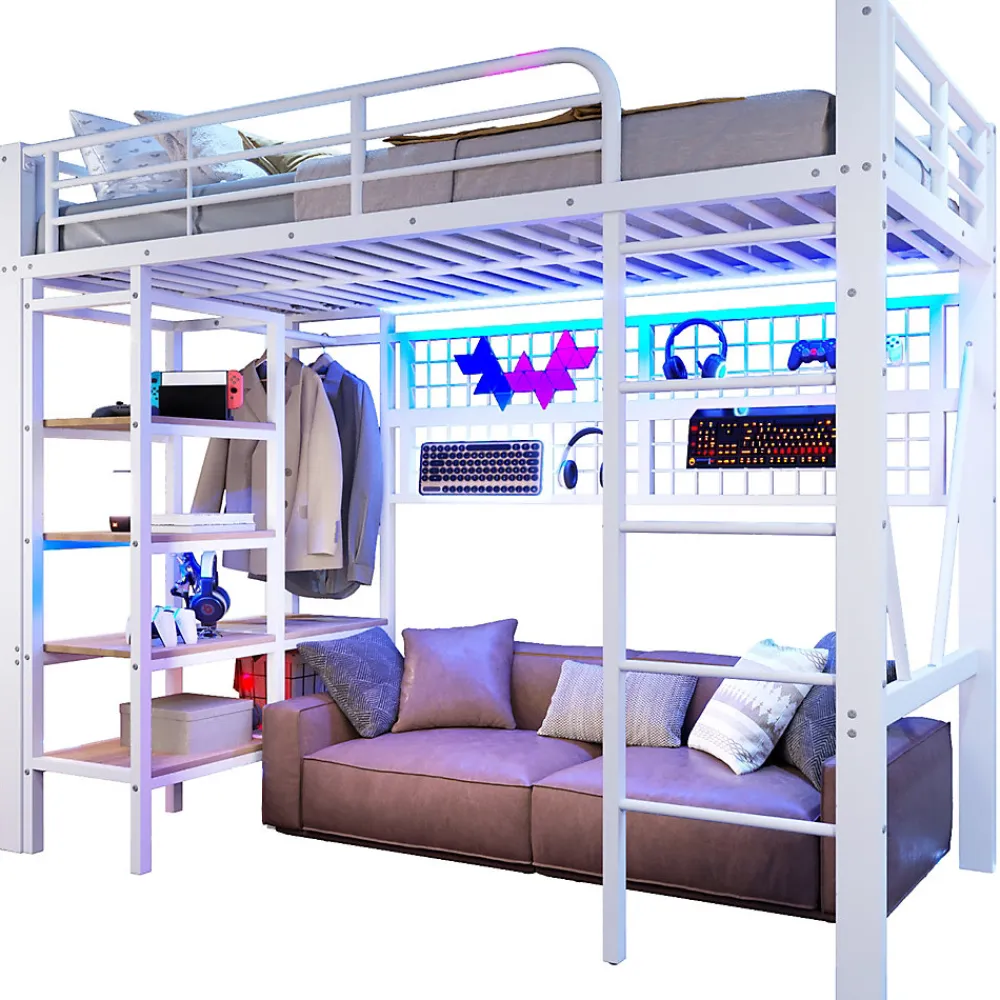 Lit Mezzanine Ado 90x200 cm - LED Intégrée, Étagères et Rangements avec Portant Vêtements, Structure Métal/MDF, Blanc>Okwish Discount