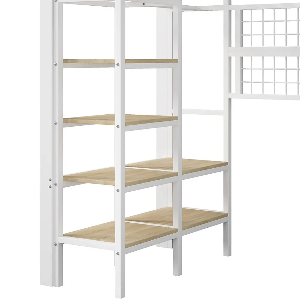 Lit Mezzanine Ado 90x200 cm - LED Intégrée, Étagères et Rangements avec Portant Vêtements, Structure Métal/MDF, Blanc>Okwish Discount