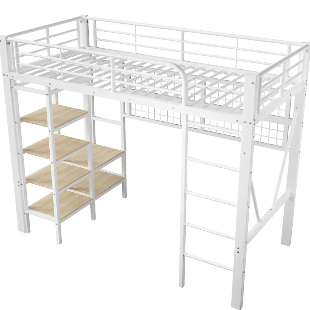 Lit Mezzanine Ado 90x200 cm - LED Intégrée, Étagères et Rangements avec Portant Vêtements, Structure Métal/MDF, Blanc>Okwish Discount