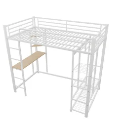 Okwish Lit mezzanine ado 90x200 cm avec bureau intégré, échelle et rangement pratique - structure métal et MDF robuste blanc* Lit Mezzanine