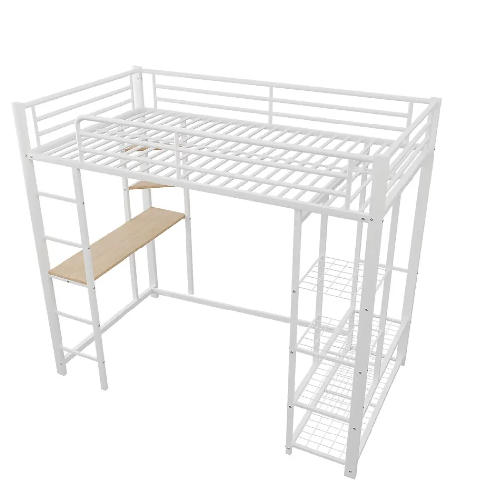 Okwish Lit mezzanine ado 90x200 cm avec bureau intégré, échelle et rangement pratique - structure métal et MDF robuste blanc* Lit Mezzanine