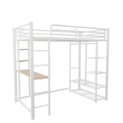 Okwish Lit mezzanine ado 90x200 cm avec bureau intégré, échelle et rangement pratique - structure métal et MDF robuste blanc* Lit Mezzanine