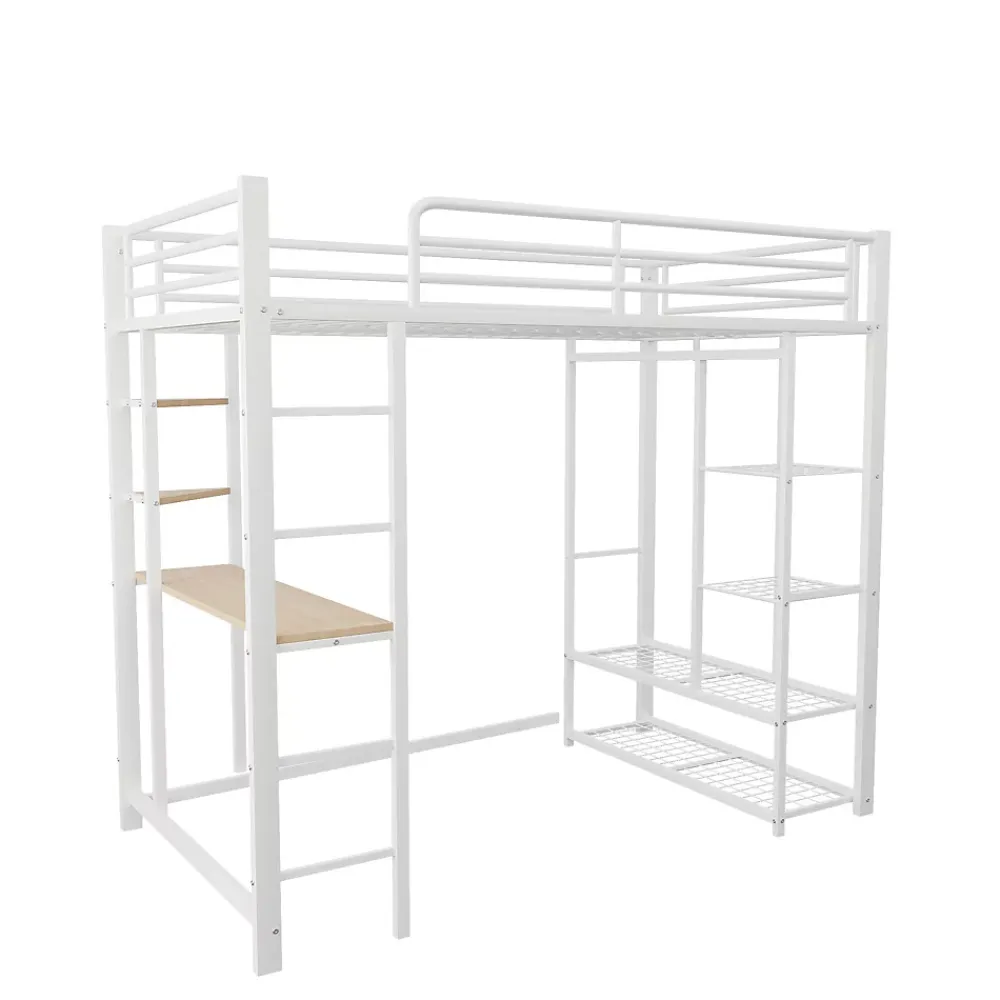 Okwish Lit mezzanine ado 90x200 cm avec bureau intégré, échelle et rangement pratique - structure métal et MDF robuste blanc* Lit Mezzanine