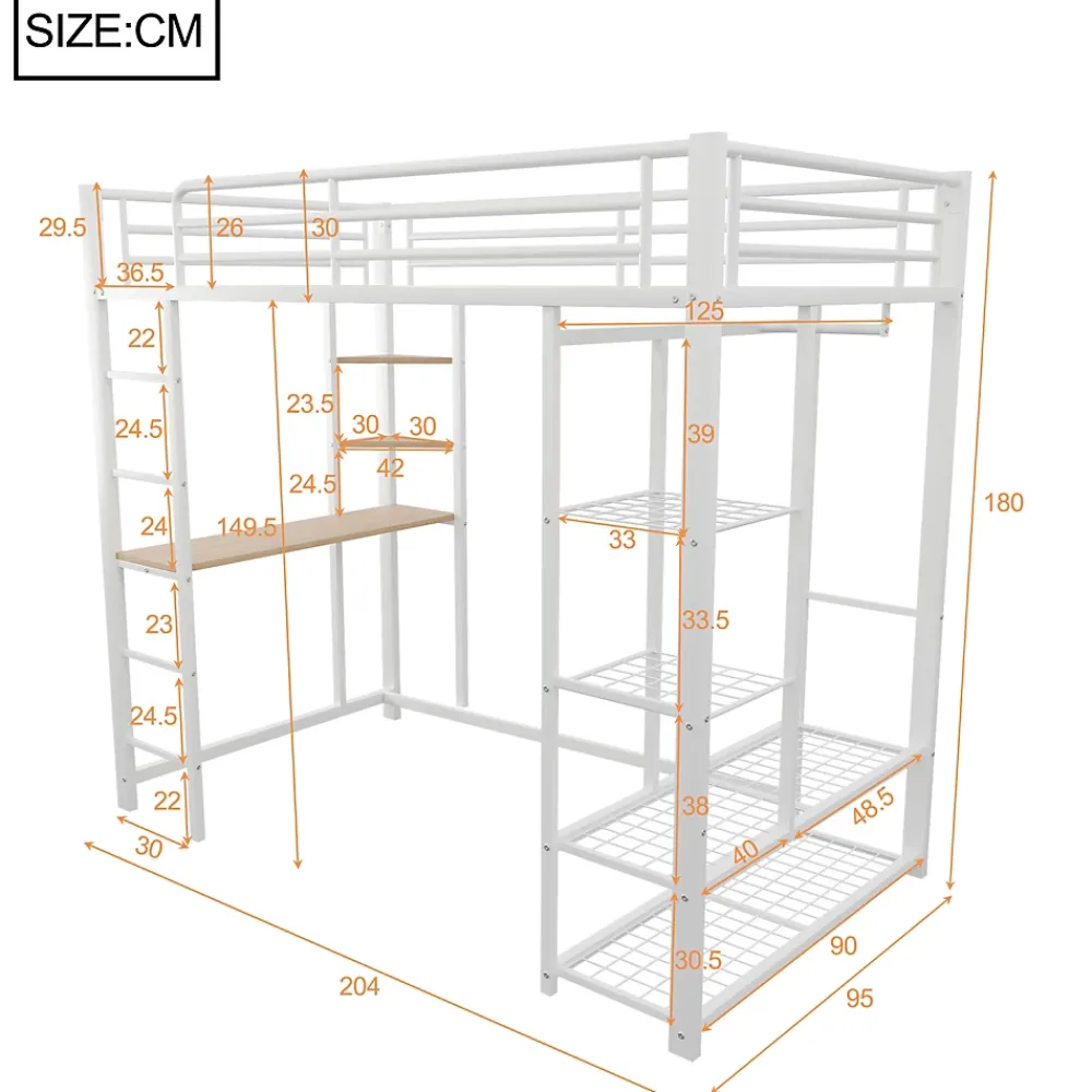 Okwish Lit mezzanine ado 90x200 cm avec bureau intégré, échelle et rangement pratique - structure métal et MDF robuste blanc* Lit Mezzanine