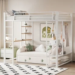 Okwish Lit mezzanine ado 90x200 cm avec bureau intégré, échelle et rangement pratique - structure métal et MDF robuste blanc* Lit Mezzanine