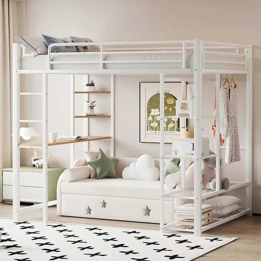 Okwish Lit mezzanine ado 90x200 cm avec bureau intégré, échelle et rangement pratique - structure métal et MDF robuste blanc* Lit Mezzanine