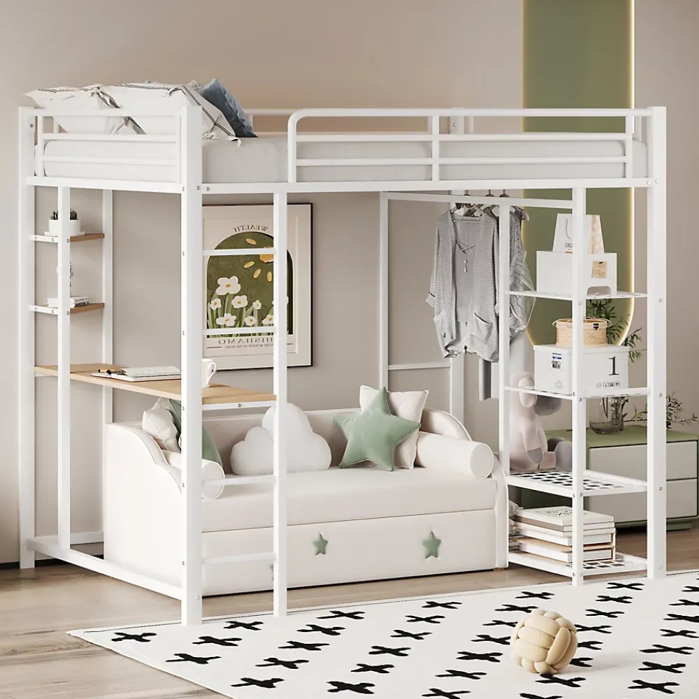 Okwish Lit mezzanine ado 90x200 cm avec bureau intégré, échelle et rangement pratique - structure métal et MDF robuste blanc* Lit Mezzanine