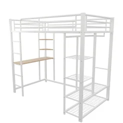Okwish Lit mezzanine ado 90x200 cm avec bureau intégré, échelle et rangement pratique - structure métal et MDF robuste blanc* Lit Mezzanine
