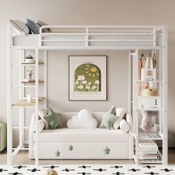 Okwish Lit mezzanine ado 90x200 cm avec bureau intégré, échelle et rangement pratique - structure métal et MDF robuste blanc* Lit Mezzanine