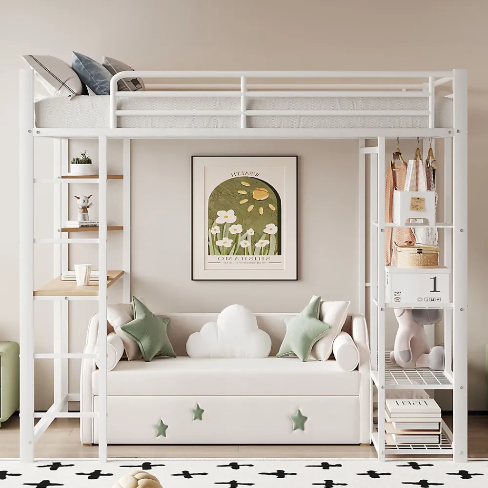 Okwish Lit mezzanine ado 90x200 cm avec bureau intégré, échelle et rangement pratique - structure métal et MDF robuste blanc* Lit Mezzanine
