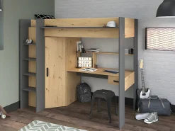 Lit mezzanine avec bureau et armoire - 90 x 200 cm - Coloris : Chêne et anthracite + matelas - AUCKLAND>Vente-unique Outlet
