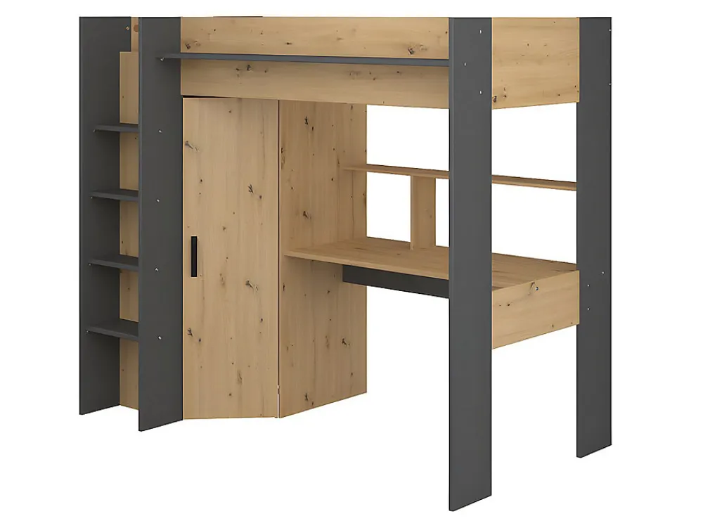 Lit mezzanine avec bureau et armoire - 90 x 200 cm - Coloris : Chêne et anthracite + matelas - AUCKLAND>Vente-unique Outlet