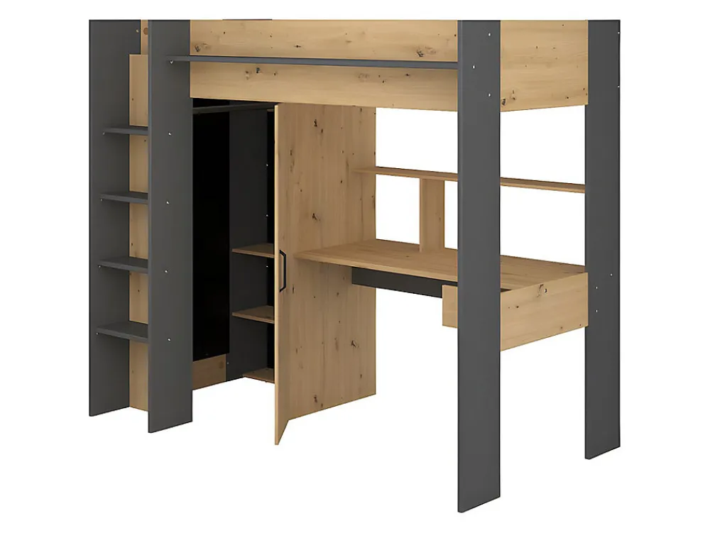 Lit mezzanine avec bureau et armoire - 90 x 200 cm - Coloris : Chêne et anthracite + matelas - AUCKLAND>Vente-unique Outlet