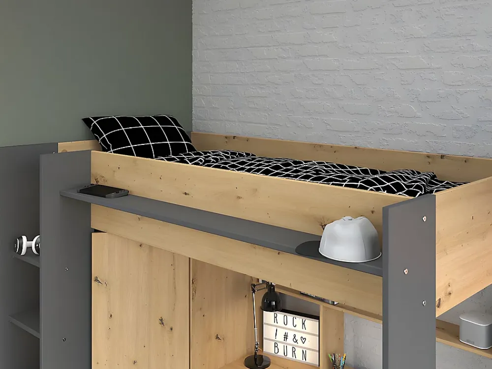 Vente-unique Lit mezzanine avec bureau et armoire - 90 x 200 cm - Coloris : Naturel et anthracite - AUCKLAND* Lit Mezzanine