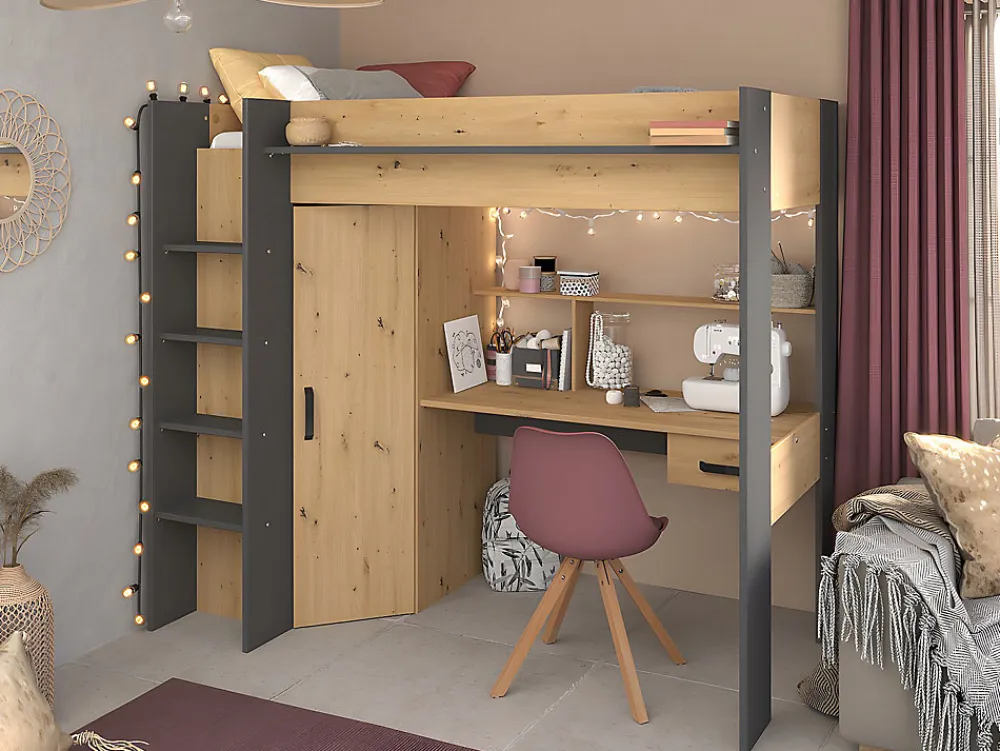 Vente-unique Lit mezzanine avec bureau et armoire - 90 x 200 cm - Coloris : Naturel et anthracite - AUCKLAND* Lit Mezzanine