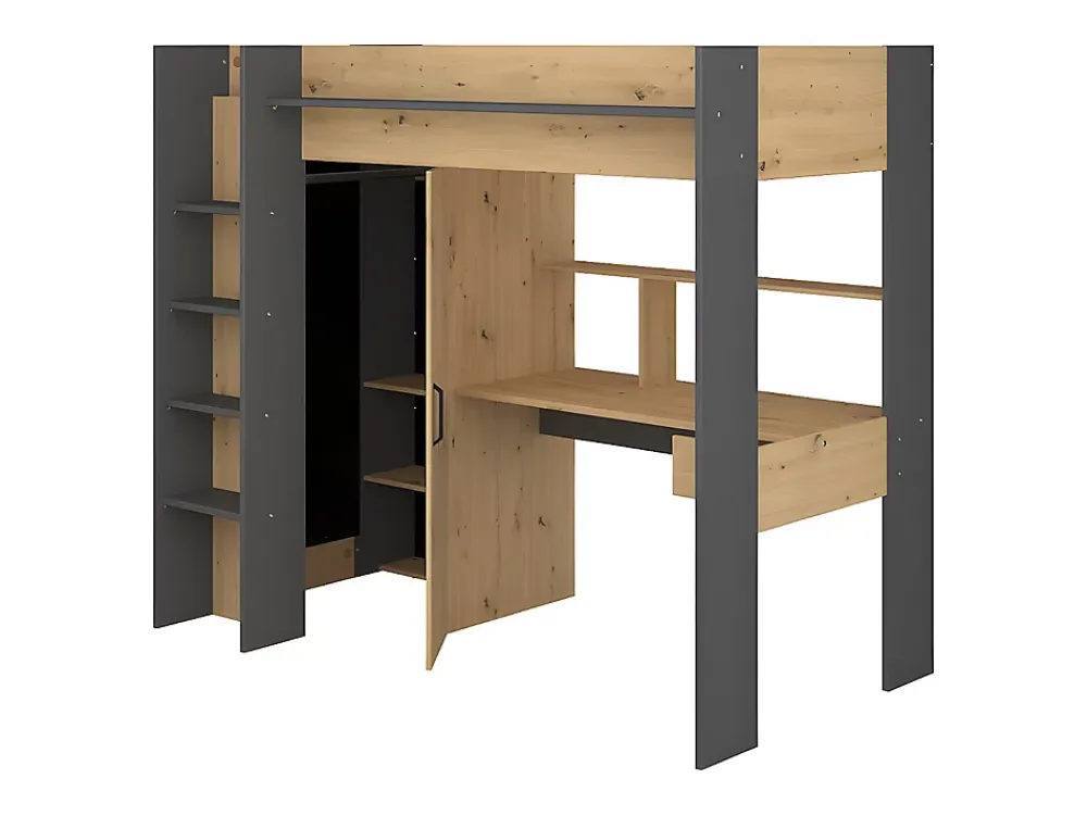 Vente-unique Lit mezzanine avec bureau et armoire - 90 x 200 cm - Coloris : Naturel et anthracite - AUCKLAND* Lit Mezzanine