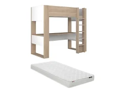 Vente-unique Lit mezzanine avec bureau et rangements intégrés - 90 x 200 cm - Chêne et blanc + matelas - NOAH II* Lit Mezzanine