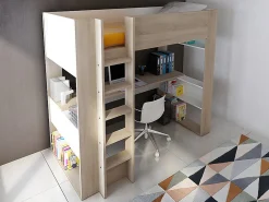 Lit mezzanine avec bureau et rangements intégrés - 90 x 200 cm - Chêne et blanc - NOAH II><noscript><img width=