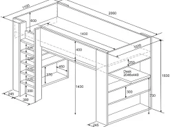 Lit mezzanine avec bureau et rangements intégrés - 90 x 200 cm - Chêne et blanc - NOAH II><noscript><img width=
