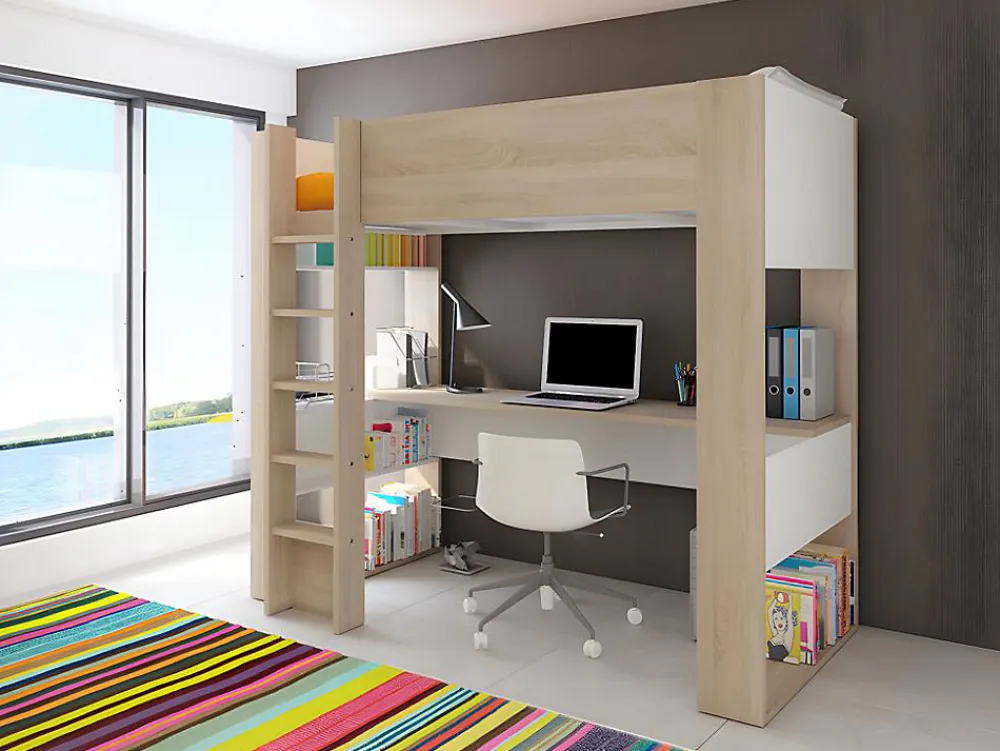 Lit mezzanine avec bureau et rangements intégrés - 90 x 200 cm - Chêne et blanc - NOAH II>Vente-unique Best